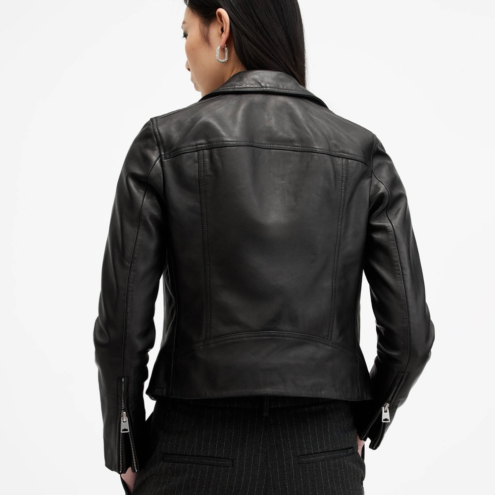 AllSaints Black Leather Cropped Biker Jacket - Picture 2 of 12
